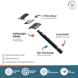 Merkur Double Edge Safety Razor, Straight Cut, Extra Long Handle, Black PVD Coated, 1 ct.