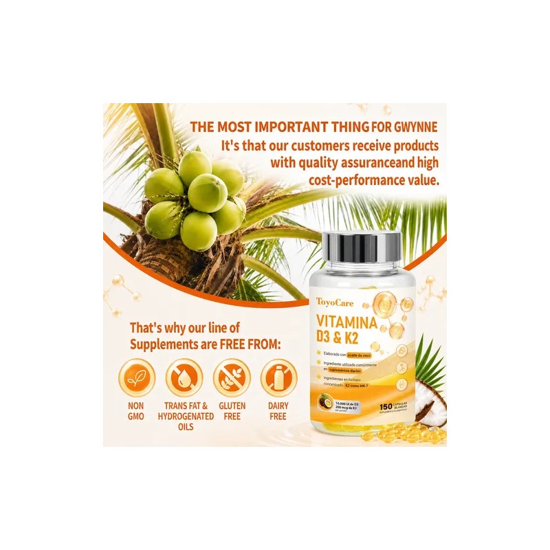 Toyocare Suplemento De Vitamina D3 Y K2 Mk-7, 150 Cápsulas