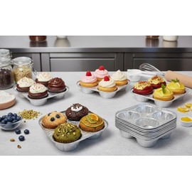 Handi-Foil 4-Cavity Cup Aluminum Foil Muffin Cupcake Pan - Disposable Baking Tin (pack of 12)