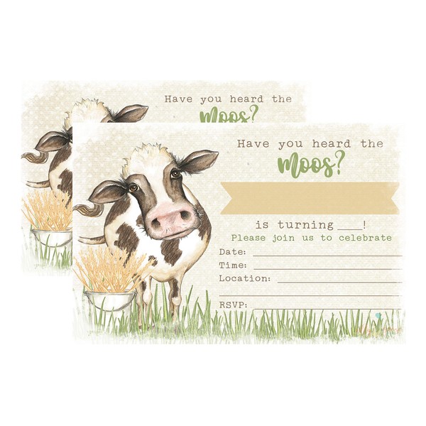 Silly Goose Gifts Have You Heard The Moos? Cow Watercolor Themed Party Invitation Invite Country Farm (Neutral)