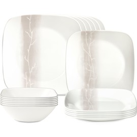 Corelle Vitrelle 18 Piece Glass Dinnerware Sets Rectangular Square Plate and Bowl Set Service for 6, Triple Layer Chip & Crack Resistant Glass Plate and Bowl Sets, Wandering Grove