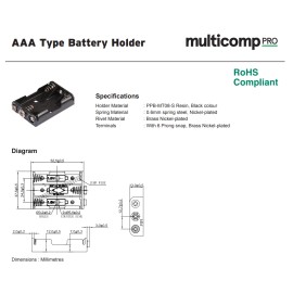 Multicomp Pro 3 x AAA Battery Casing Housing Enclosure Holder with Snap-On Terminals (1 pc)