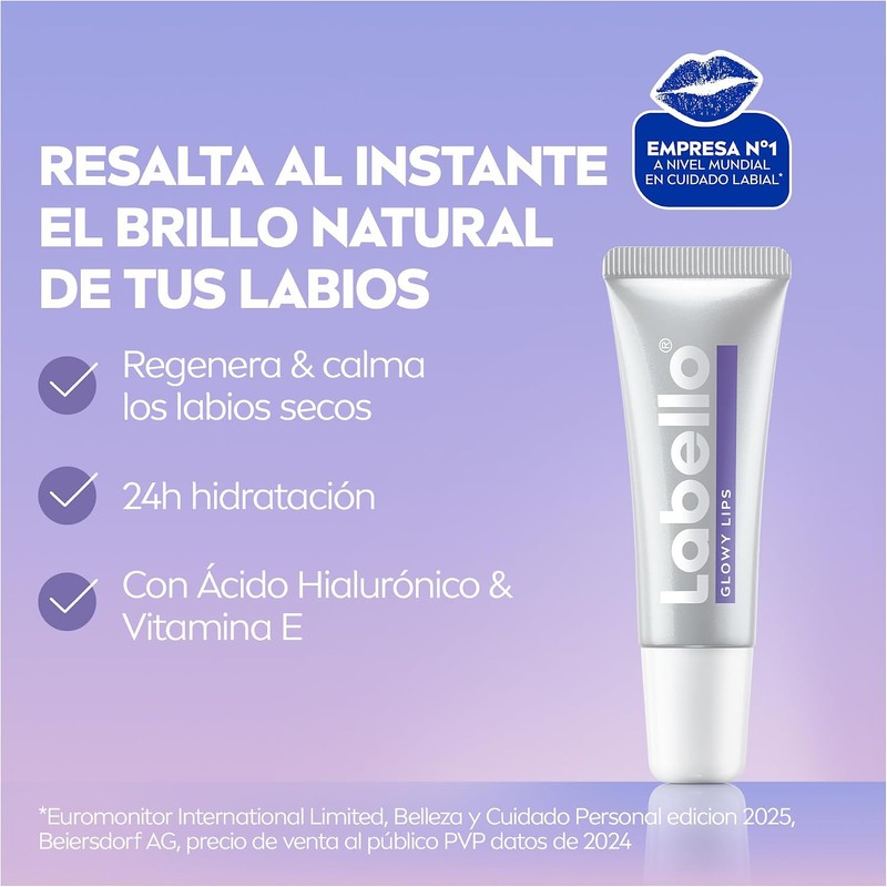 LABELLO Bálsamo Labial Glowy Lips Clear 4.8gr, con Extracto de