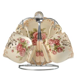YOLIFE Tea Cups and Saucers Set of 2, Porcelain Floral Tea Cups Set with Holder, Fancy Vintage Teacups 8 oz