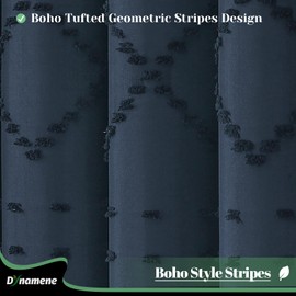Dynamene Extra Long Shower Curtains, 96 Inches Long Boho Tufted Geometric Striped Fabric Shower Curtains for Bathroom, Tall Farmhouse Waterproof Cloth Shower Curtain Set with 12 Hook, navy blue, 72x96