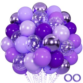 100pcs Purple Balloons - 12inch Metallic Chrome & Lavender Lilac Balloons with Confetti for Wedding, Baby Shower, Bridal Shower, Princess Birthday Parties (with 66ft Ribbons)
