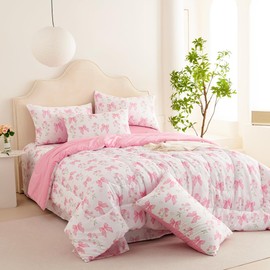 Jolusere Pink Bow Comforter Set Queen Size Pink Floral Comforter for Girls Kids Romantic Princess Style Bowknot Bedding Set Ultra Soft Reversible Garden Flower Comforter Sets with 2 Pillowcases 3Pcs