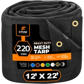Xpose Safety Heavy Duty Mesh Tarp - 12' x 22' – Multipurpose Black Protective Cover with Air Flow - Use for Tie Downs, Shade, Fences, Canopies, Dump Trucks – Weather and Tear Resistant
