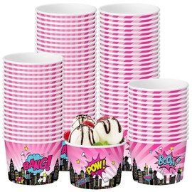 Funnymoom 50 Pack Hero Treat Snack Cups Pink Comic Ice Cream Cups 9 oz Pink Theme Disposable Dessert Bowls for Hot or Cold Food for Girl Birthday Baby Shower Party Supplies