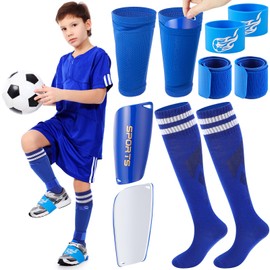 Arrowbash 10 Pcs Soccer Shin Guards Set Shin Pads, Sleeves, Long Socks, Soccer Cleat Lace Cover and Guard Straps for Age 5-8 Youth, Lightweight Equipment (Blue)