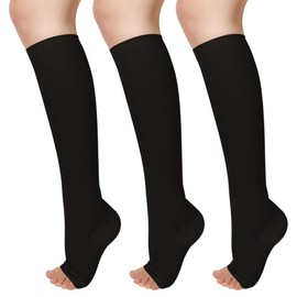 Blahhey 3 pares de calcetines de compresión abiertos para mujeres y hombres, 15-25 mmHg, calcetines de compresión sin dedos de la rodilla, ajuste flexible para enfermera, correr, embarazo, volar, viajes (negro, L/XL)
