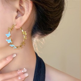 Butterfly Hoop Earrings for Women 925 Sterling Silver Post Stud Large Big Huggie Hoops Dangle Drop Exaggerated Butterflies Statement Fashion Y2K Mother's Day Christmas Jewelry, Small, Metal, No