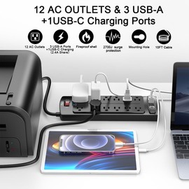 Power Strip Surge Protector - ALESTOR 10 Feet Extension Cord (1875W/15A) with 12 Outlets and 4 USB Ports, 2700 Joules, for Home, School, College Dorm Room, and Office, ETL Listed, Black