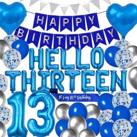 13th Birthday Party Decorations Birthday Hello Thirteen Party Balloons Blue 13th Birthday Sash Happy Birthday Banner for 13 Year Old Boys Birthday Party Supplies (Blue)