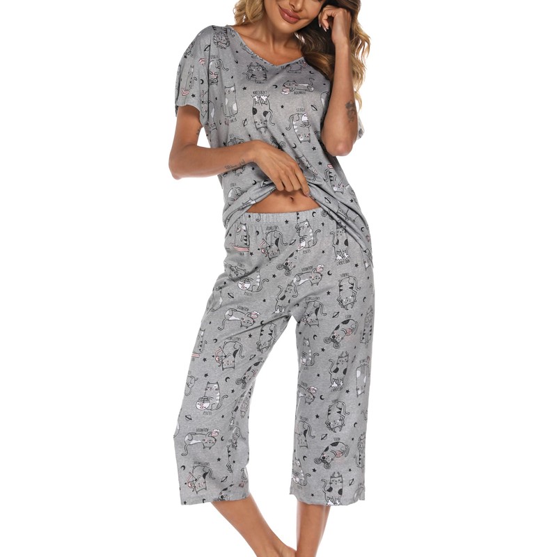 ENJOYNIGHT Womens Pyjamas Short Sleeve Top and Cropped Bottoms Pjs