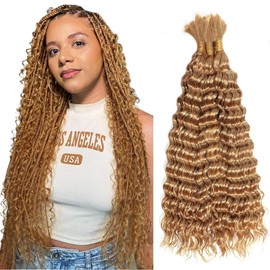 Hailookmey Human Braiding Hair for Boho Braids 150g Deep Wave Human Hair for Braiding 3 Bundles/Pack No Weft Curly Human Hair Extensions for Braids (#27 Honey Blonde Color,24 Inch)
