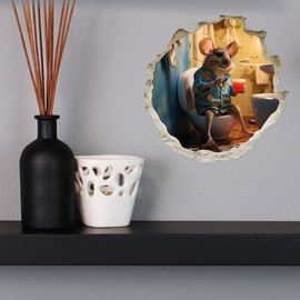 Vacation Mouse On Toilet in Mouse Hole - 3D Wall Sticker Decal, Cartoon Home Decor Vinyl Art, Bookcase, Laptop, Classroom, Kids Room, Bedroom, Children, Adorable