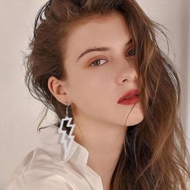 Lightning Bolt Dangle Earrings for Women 70s 80s Retro Drop Earrings Stainless Steel Hooks Funky Acrylic Flash Earrings for Party Festival Fancy Dress (6. White)