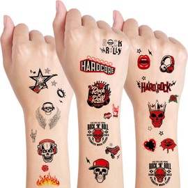 Qpout 10 Sheets Rock Music Temporary Tattoos, Guitar and Music Themed Fake Tattoos Stickers for 80s 90s Themed Party Decorations and Supplies