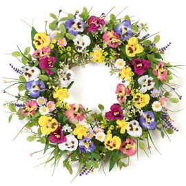 Betylifoy Spring Wreaths for Front Door 20 Inch Artificial Flower Pansy Wreath with Green Leaves Daisy Lavender Fern Wreaths Silk Summer Door Wreath for Farmhouse Porch Outdoor Festival Wall Decor
