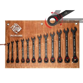 ironcube Reversible Ratcheting Wrench Set: 12-Piece Metric 8-19mm - Tough Black - Wax Canvas Storage Bag - Automotive and Motorcycle Repair Tools