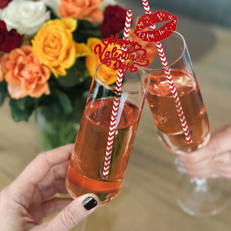 Valentine's Day Paper Straws Red White Striped Drinking Straws