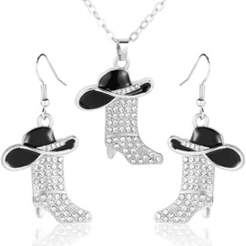 Mikovivi 3pcs Western Cowgirl Accessories Set, Rhinestone & Enamel Cowboy Hat & Boots Dangle Earrings and Matching Necklace Country Concert Western Dress-Up Accessory for Women