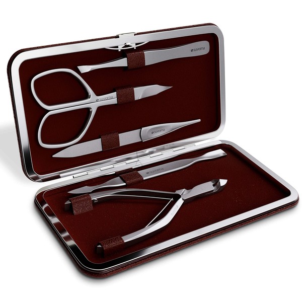 Suvorna Manipro p50 Premium 5 Pcs Manicure Kit Case In Sand Finished Stainless Steel, (Cuticle Nipper, Nail Scissor, Cuticle Pusher, Tweezers & Nail Filer). Perfect little Gift set.