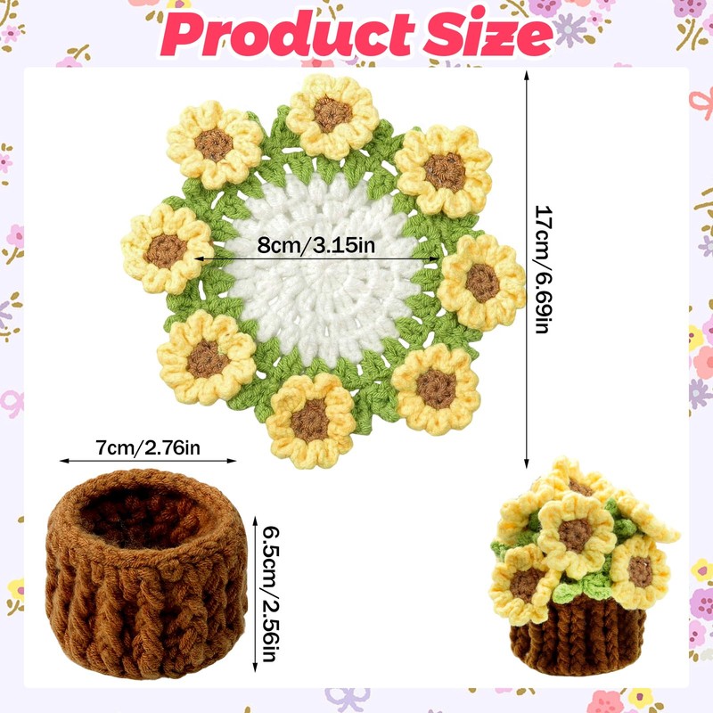 Handmade Sunflower Crochet Flower Coaster Set with Storage Basket (Yellow)