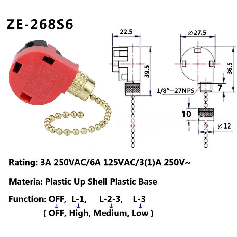 Ceiling Fan Switch 268S1 3 Speed 4 Wire Pull Chain
