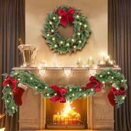 HipTree 6ft Christmas Garland with Lights,Lighted Cedar Garland for Mantle,Prelit Real Touch Artificial Green Christmas Winter Garland with Large Burgundy Velvet Bow for Indoor Outdoor Decor