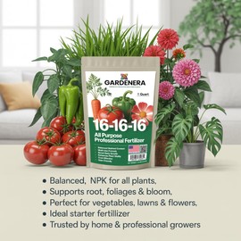 Gardenera 16-16-16 Premium All Purpose Professional Fertilizer - Lawn, Flower, Tree, Shrub & Vegetable Fertilizer (3 Quarts)