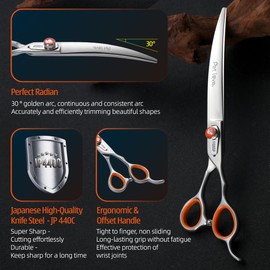 FOGOSP Professional Curved Scissors for Dog Grooming 7 inch 30 Degree Downward Curved Shears Dog Grooming Japan 440C Stainless Steel Master Tools for Dogs Cats Shih Tzu
