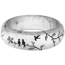 ZSISKA HANAMI SILVER LEAF 1/2" THIN BANGLE. PINK BLOSSOMS WITH GREEN BIRD.