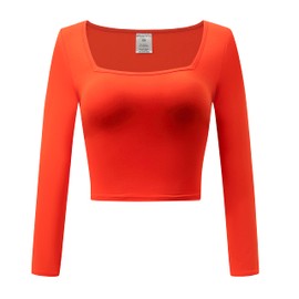 OThread & Co. Women's Long Sleeve Square Neck Crop Top Basic Comfy Stretch Tee (Large, Orange)