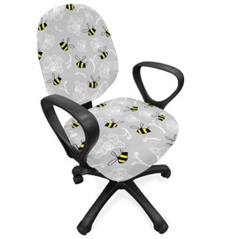 Ambesonne Entomology Office Chair Slipcover, Print of Bumblebee Buzzing Around Orchids, Protective Stretch Decorative Fabric Cover, Standard Size, Yellow Charcoal