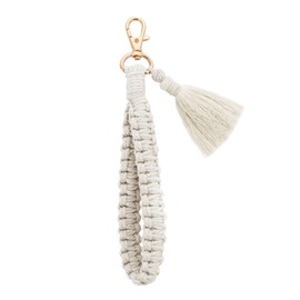Lusofie Macrame Keyring Boho Braided Key Chain Short Lanyard Tassel Pendant Car Key Ring for Women, White