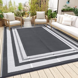 GlowSol Outdoor Rug 9x12 Waterproof Outdoor Plastic Straw Rug, Lightweight Portable Outside Solid Carpets Reversible Plastic Straw Patio Rug for RV Camping Picnic Beach Backyard Deck,Grey