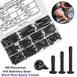 FandWay 185 Pcs Self Tapping Screws for Metal,Self Drilling Screws for Steel,M4.2x13~50mm Pan Head Sheet Metal Tek Screw,410 Stainless Steel Black Coating Phillips Drive With 1 Bits & Strong Box.