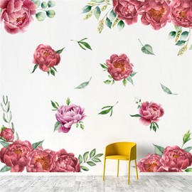 WOHAHA Wall Sticker, Stylish, Plants, Red Peony Flowers, Green Leaves, Scenery, Wallpaper Sticker, Removable, Stylish, Scandinavian Floral Paper, Flower Pattern, Kitchen, Living Room, Rental, Bedroom,