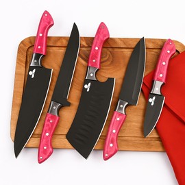 Cowboys Knife Professional Chef Knife Set, 5-Piece, Black Coated Blades, Pink Wood Handles