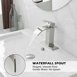BWE Bathroom Faucet Modern Brushed Nickel Waterfall Single Hole Faucet for Bathroom Sink Single Handle with Pop Up Drain with Overflow Assembly and Supply Line Lavatory Bath Faucet