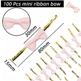 Light Pink Twist Ties for Bulk Food, Mini Ribbon Bow Twist Ties for Treat Bag, Christmas Tree Bows Metallic Twist Ties for DIY Crafts, Baked Food, Lollipop, Wedding Decor and Gift Wrap 100Pcs