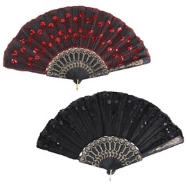 2 Stück Handfächer,Faltbare Fächer,Faltfächer mit Pailletten, Chinesische Fächer,Bambus Holz Stofffächer,Tanzfächer Vintage Spitzenfächer,für Sommer Hochzeite Bevorzugung Aufführung Tanz Haus Deko