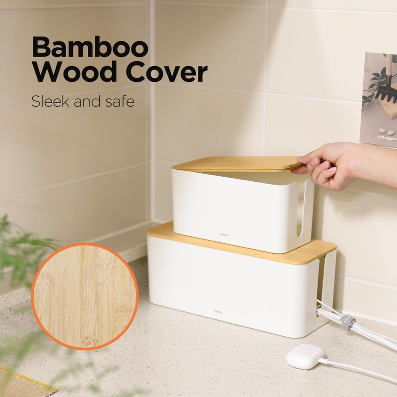 Mooas Small Cable Management Box with Wooden Lid (Large), Cord
