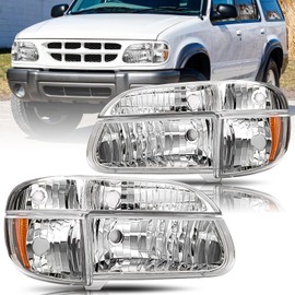 BRYGHT Headlight Assembly Fit for 95 to 01 Ford Explorer / 97 Mercury Mountaineer with Corner Lights 4pcs Passenger and Driver Side (Chrome Housing with Amber Reflector)