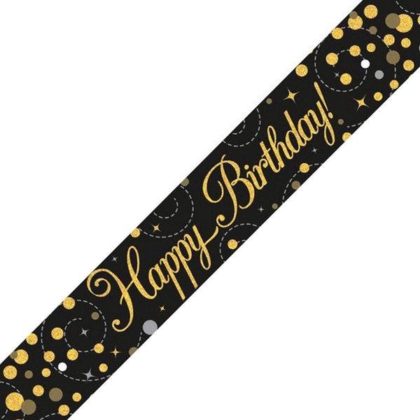 9ft Banner Sparkling Fizz Happy Birthday Black & Gold Holographic