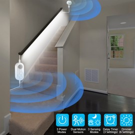 Luz de doble sensor de movimiento en interior: tira de luz LED activada por movimiento enchufable con sensores de movimiento dobles, atenuador y temporizador para escaleras, recámara, pasillo, blanco