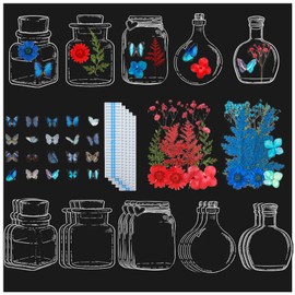 80 Pcs Transparent Dried Flower Bookmarks Set, 2025 Handmade DIY Bookmarks with Dried Flowers, Cute Pressed Flowers, Butterfly Stickers for Bookmark Making Kit,Bottle Bookmark with Arc Design