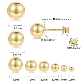 18K Gold-Plated Stud Earrings, Gold 925 Silver, Women's 3 mm - 10 mm Options, Round Hypoallergenic Jewellery for Men, 6 mm, gold ball earrings